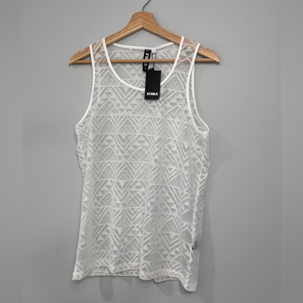 NWT Steele Sheer Tank Top. Size Small. White Geo Angles Sleeveless Tank Top